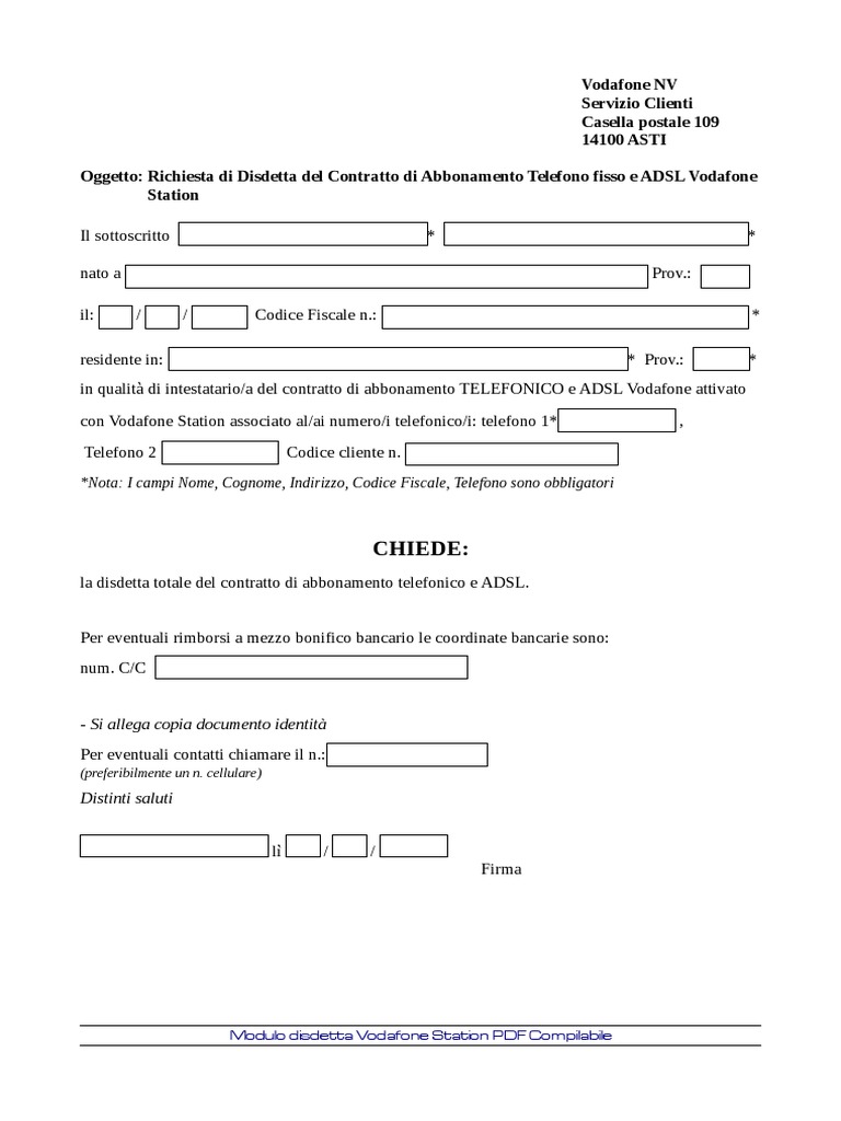 Disdetta Vodafone Station Telefono E Adsl Modulo Pdf