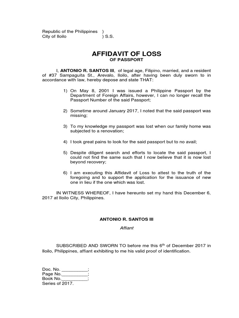 Affdavit of Loss Passport Sample | PDF | Affidavit | Civil Law (Common Law)
