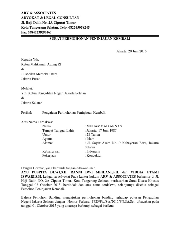 Contoh Surat Kuasa Khusus Peninjauan Kembali Perkara