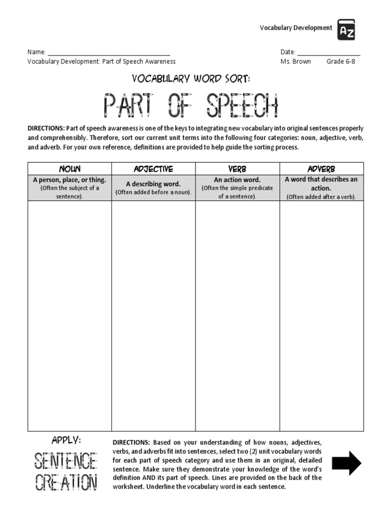 Workbooks nouns verbs adjectives worksheets : vocabulary - part of speech sort adjective noun verb adverb pdf ...
