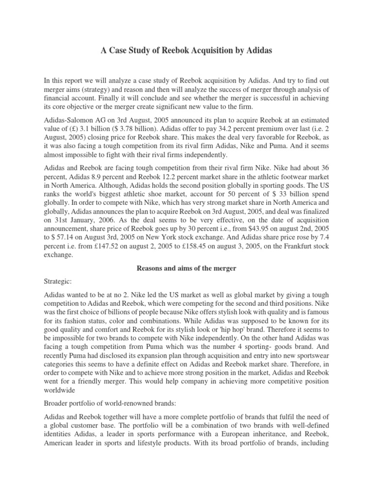 Vergemakkelijken Verheugen hardwerkend A Case Study of Reebok Acquisition by Adidas | PDF | Adidas | Mergers And  Acquisitions