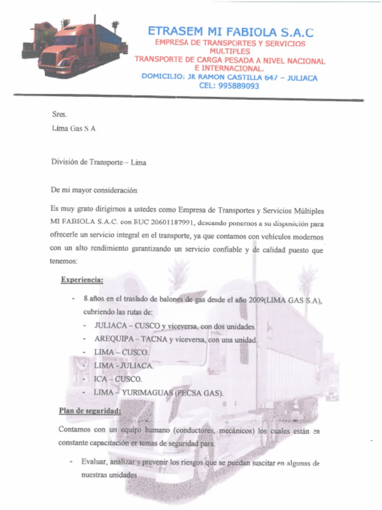 Carta De Presentacion De Una Empresa De Transporte De Carga Adolfo