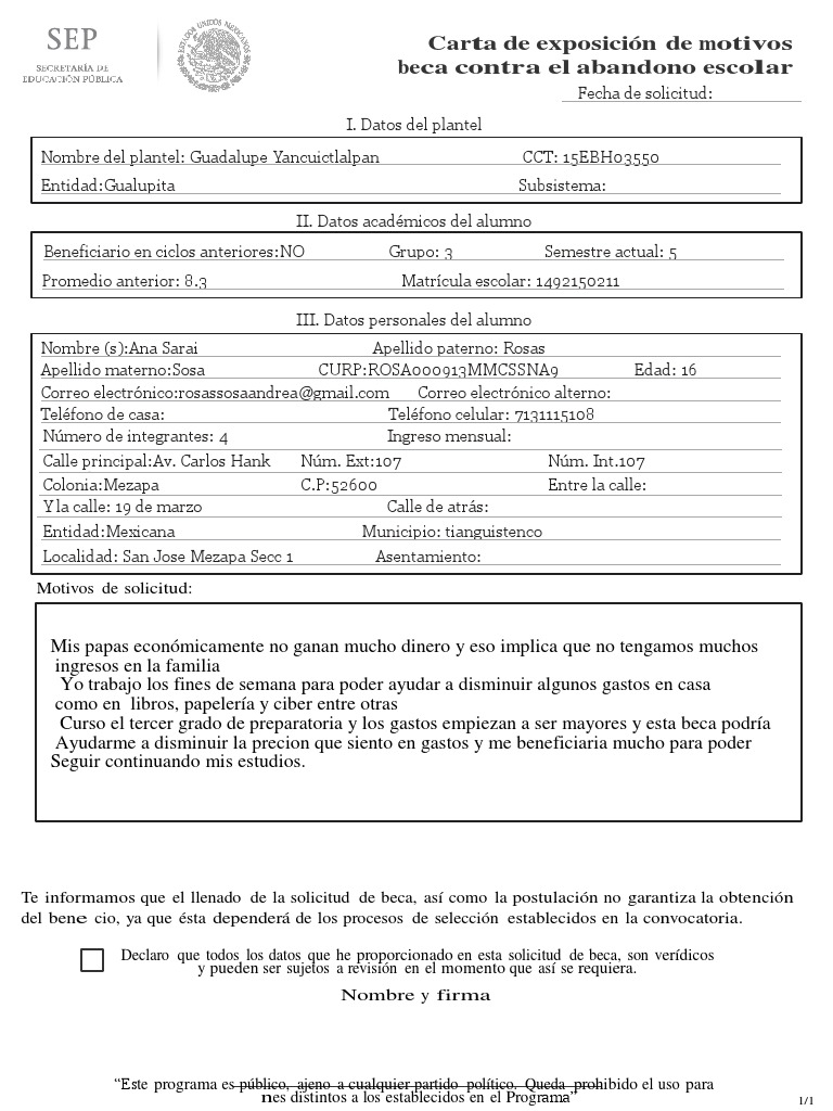 Solicitud de Beca Escolar Ana Rosas | PDF