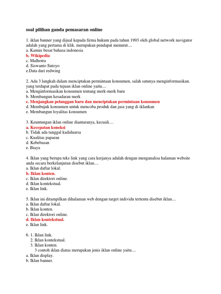 Soal Pilihan Ganda Pemasaran Online