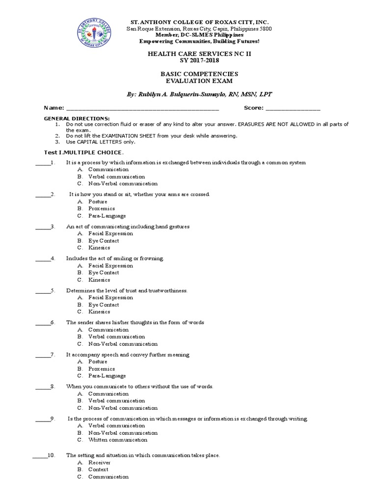 Health Care Exam for Students | PDF | Nonverbal Communication ...