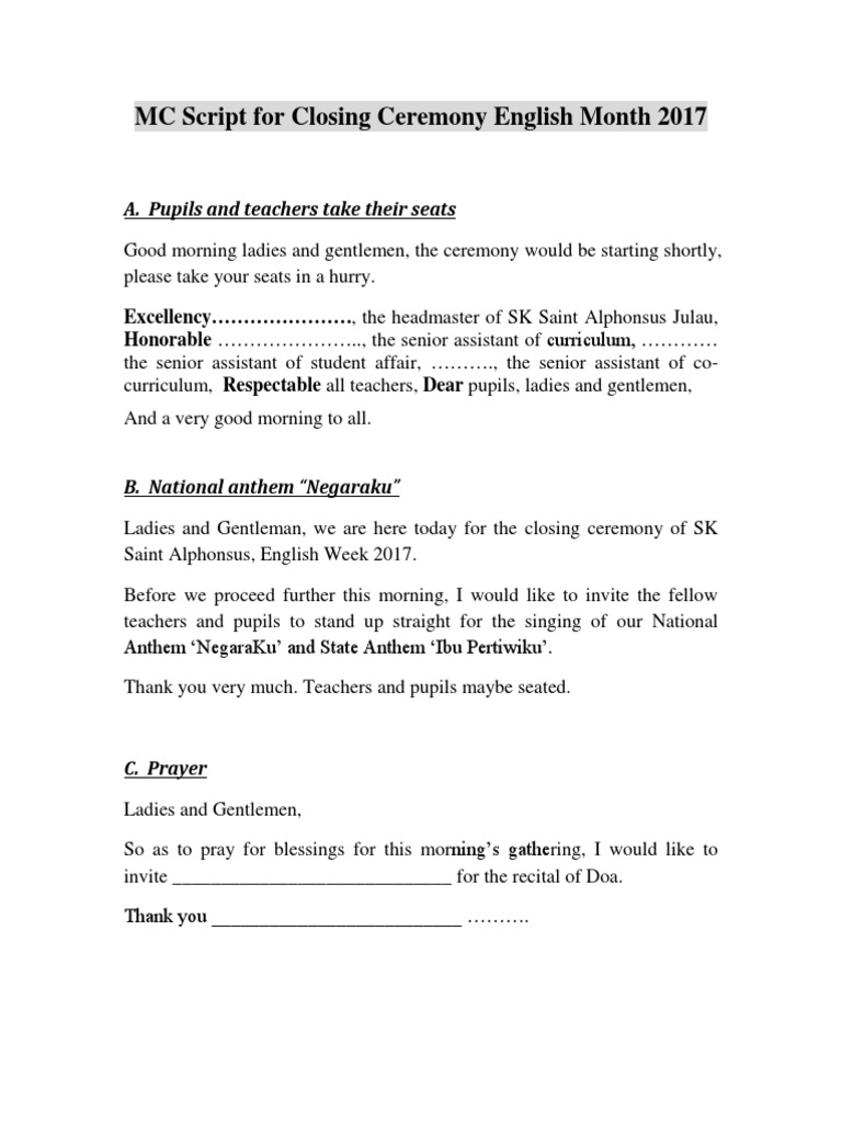 Mc Script For Closing Ceremony English Month 2011 Pdf