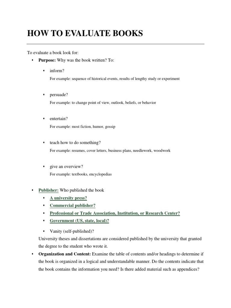 Book Evaluation Guide for Readers | PDF | Bibliography | Psychological ...