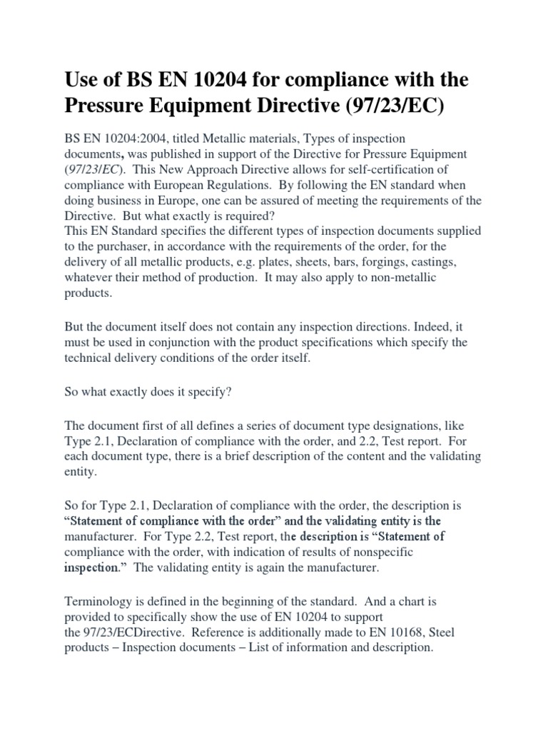 Use of bs en 10204 for compliance with the pressure equipment directive