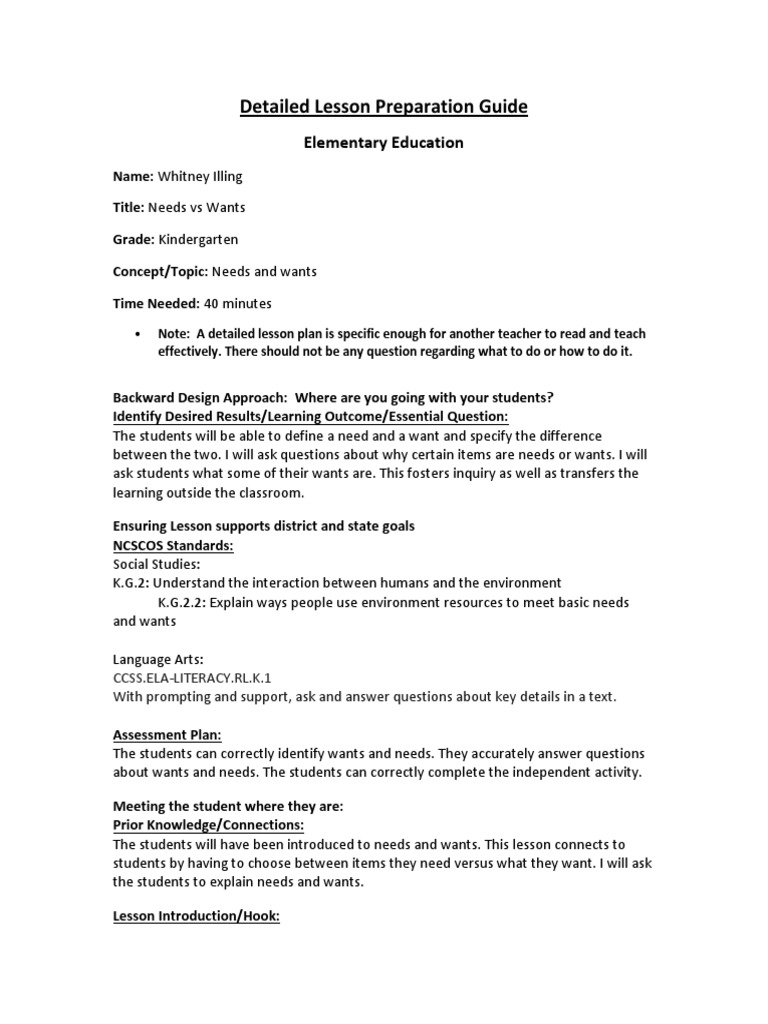 Kindergarten Needs vs Wants Lesson Plan | PDF | Lesson Plan ...
