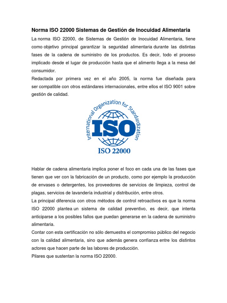 Norma ISO 22000 Sistemas de Gestión de Inocuidad Alimentaria | PDF ...