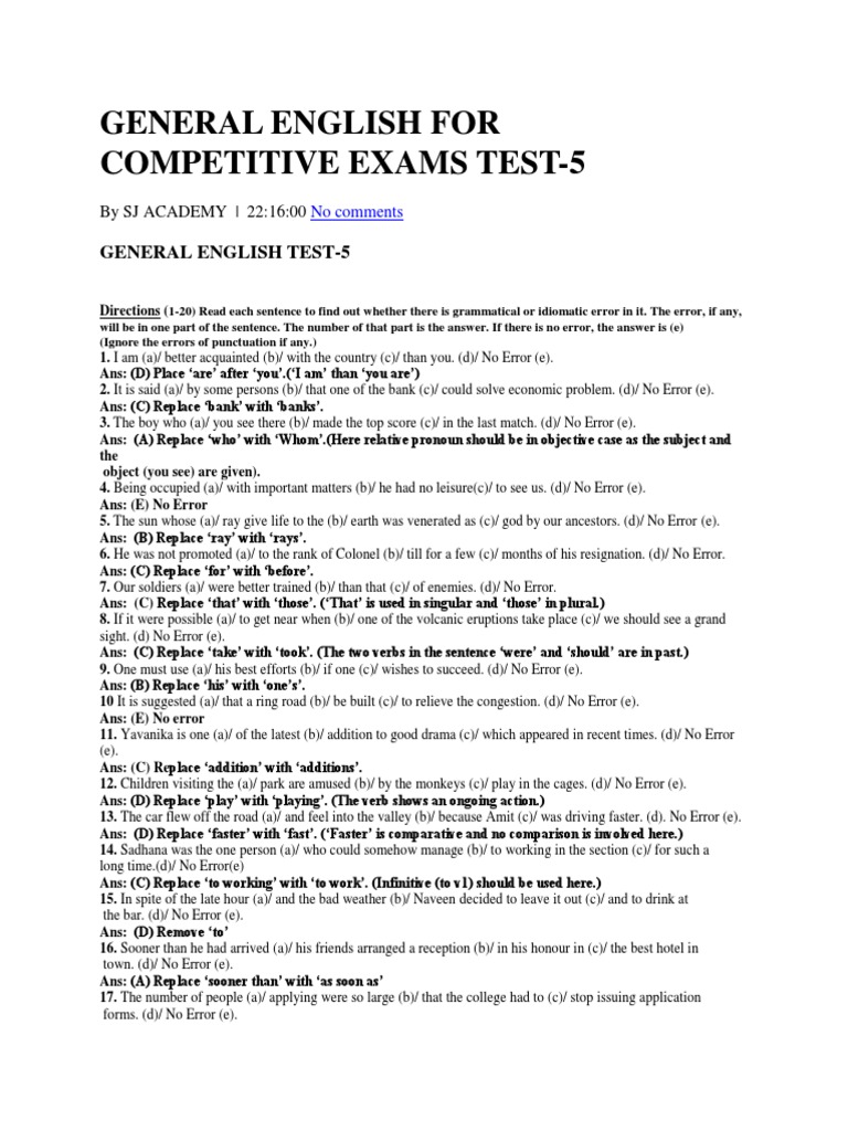 General English For Competitive Exams