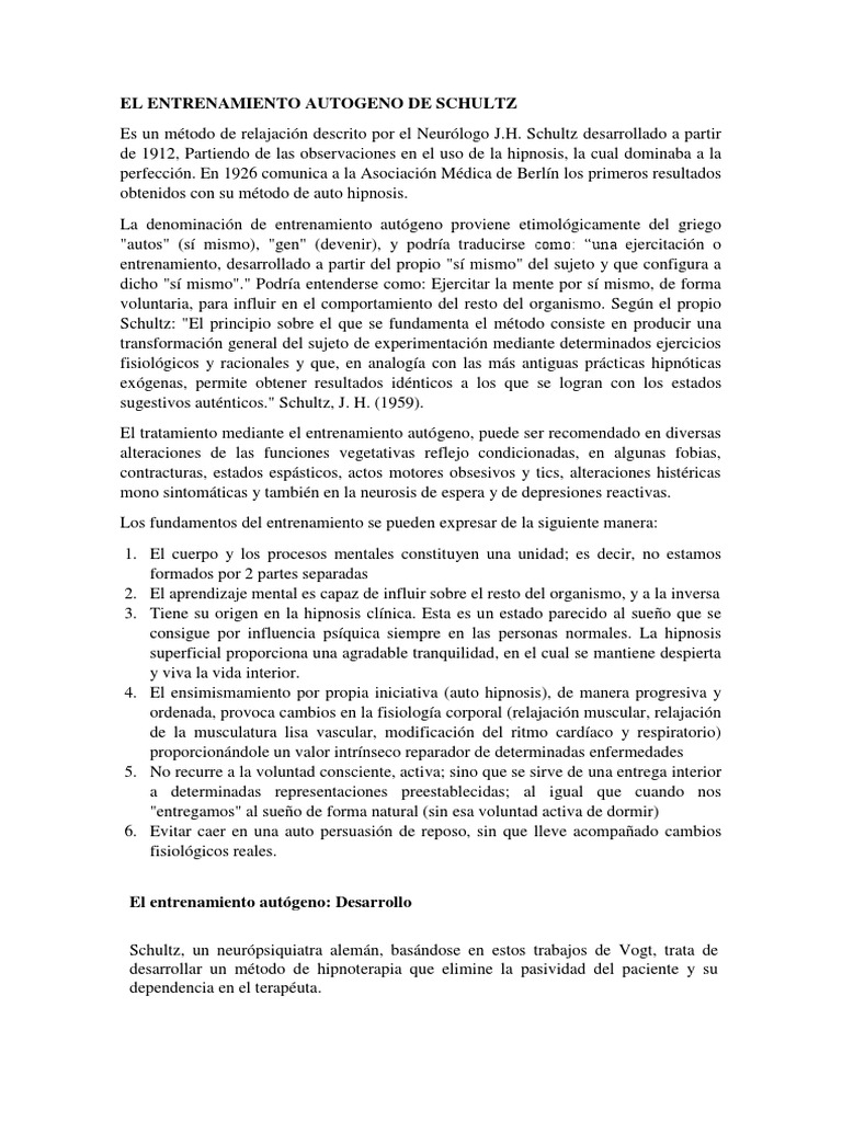El Entrenamiento Autogeno de Schultz | PDF | Hipnosis | Ejercicio físico