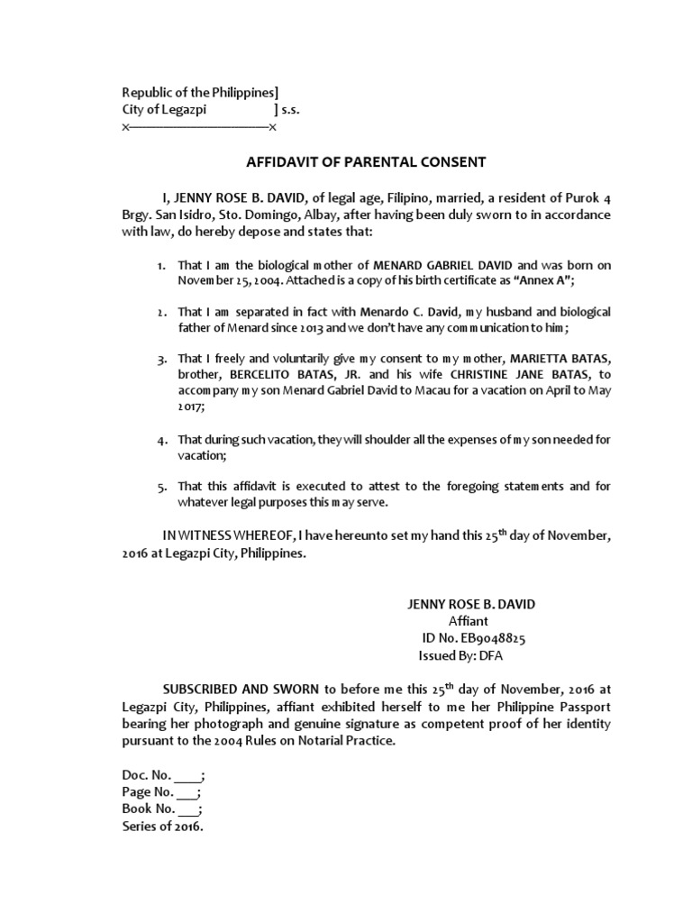 Affidavit of Parent Consent