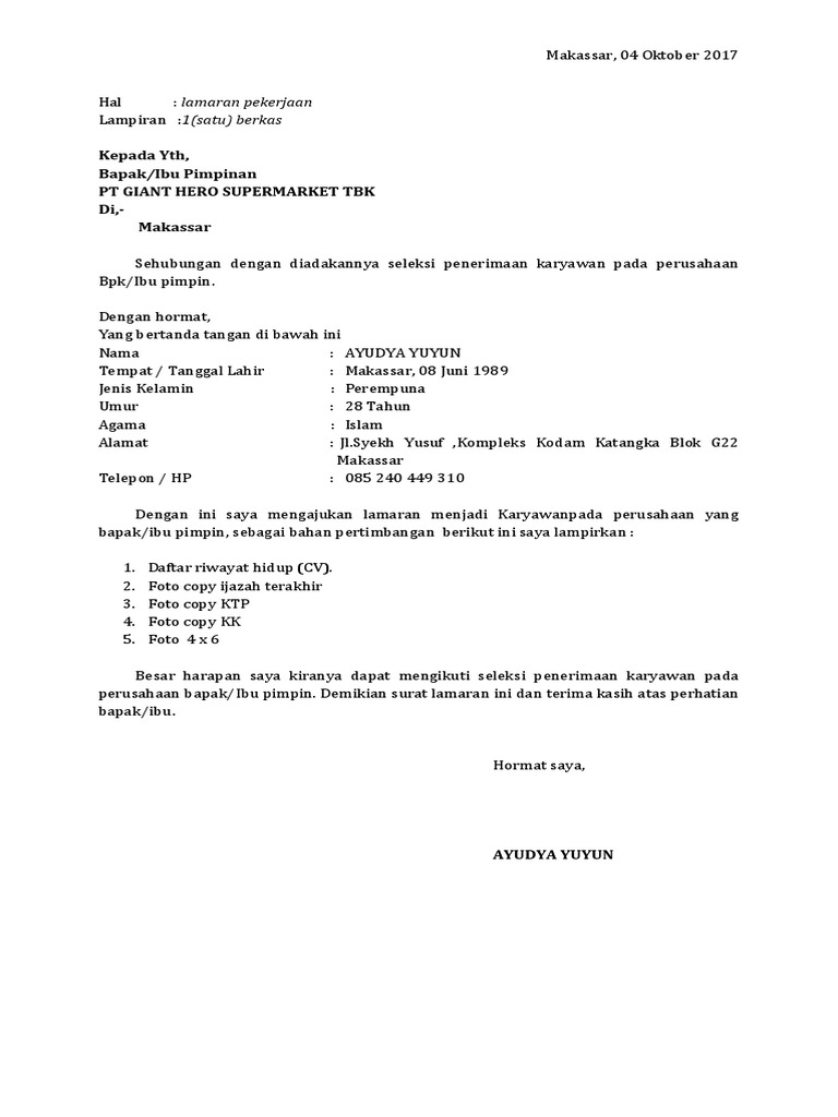 Contoh Surat Lamaran Kerja Di Pb Swalayan Berbagi Lamaran