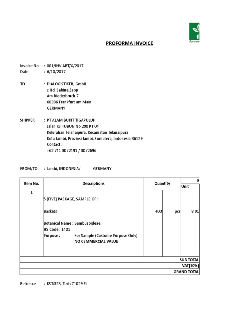 Proforma Invoice: Item No. Descriptions Quantity EUR Unit | PDF
