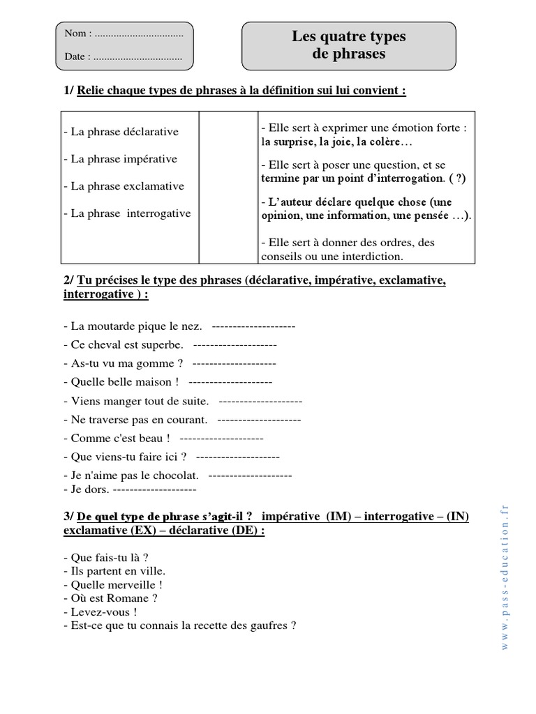 Exercices Type Et Forme De Phrase Types de Phrases - Cm1 - Exercices Corrigés - Grammaire - Cycle 3 | PDF