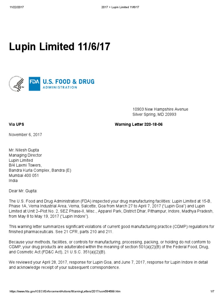 2017 USFDA warning letter Food And Drug Administration Assay