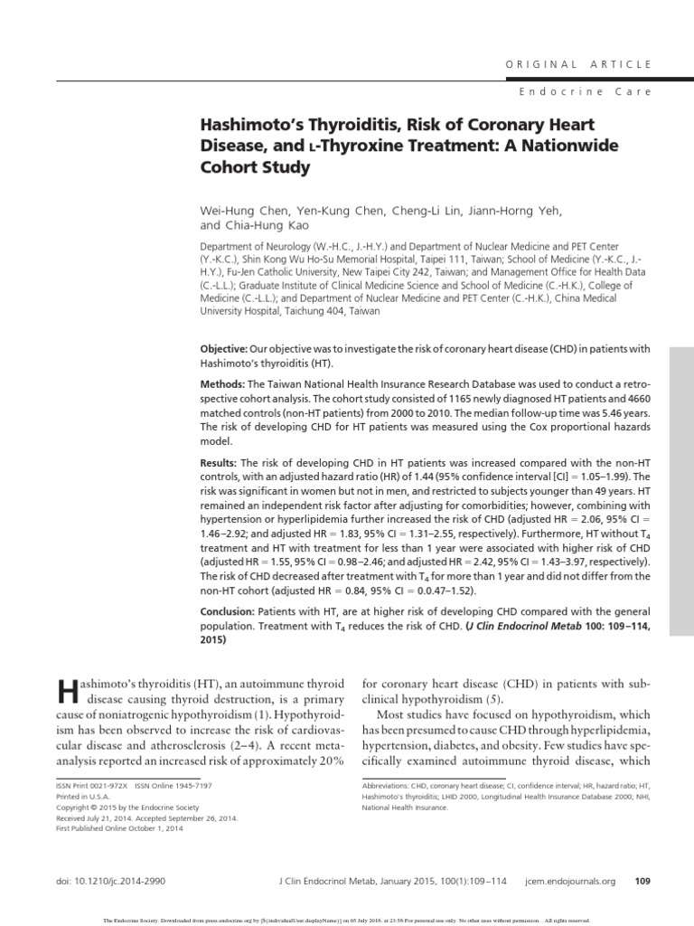 Hashimoto's Thyroiditis, Risk of Coronary Heart Disease, and L ...