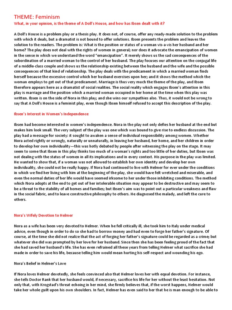 Feminist Theme A Doll's House PDF A Doll's House Women's Rights