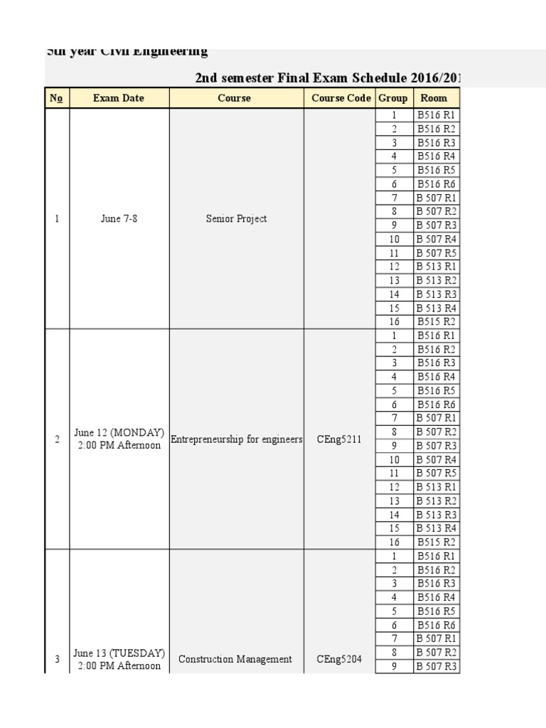 2nd Semester Final Exam Schedule 2016/2017 A.C 5th Year Civil ...
