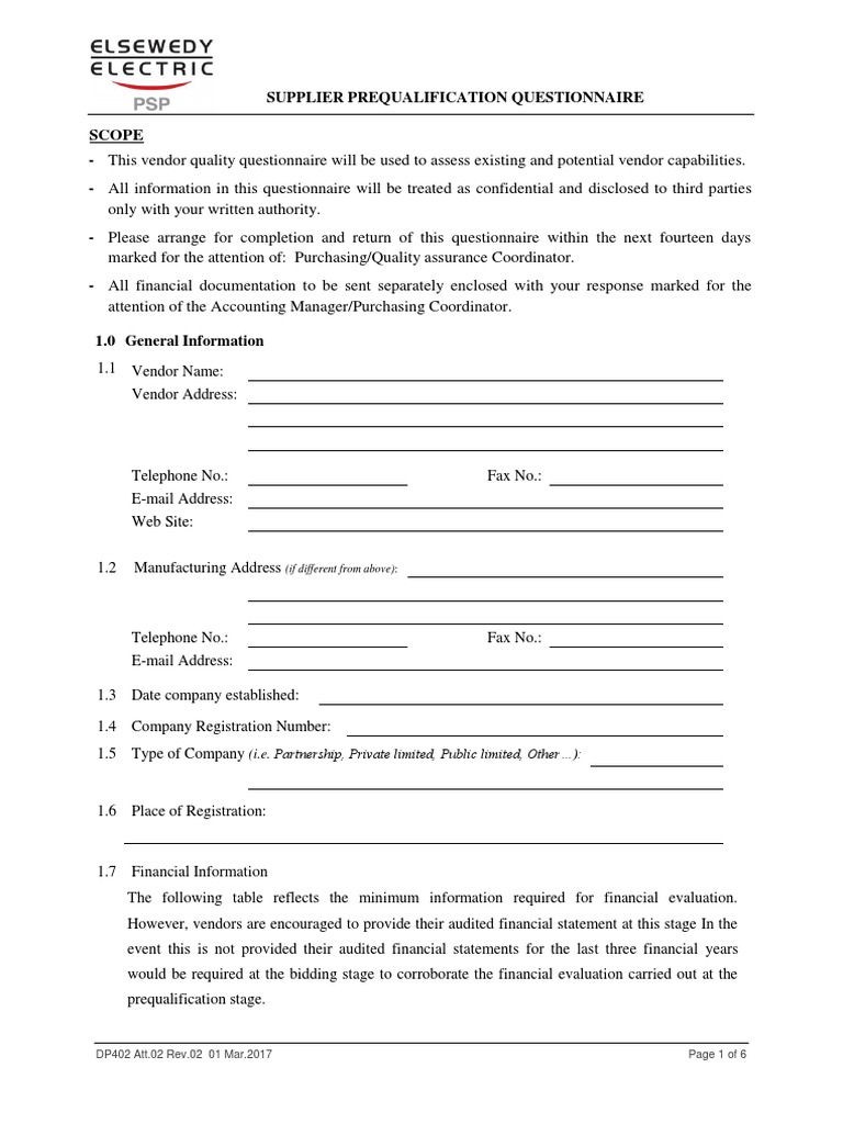 Supplier Pre Qualification Questionnaire PDF Financial Statement