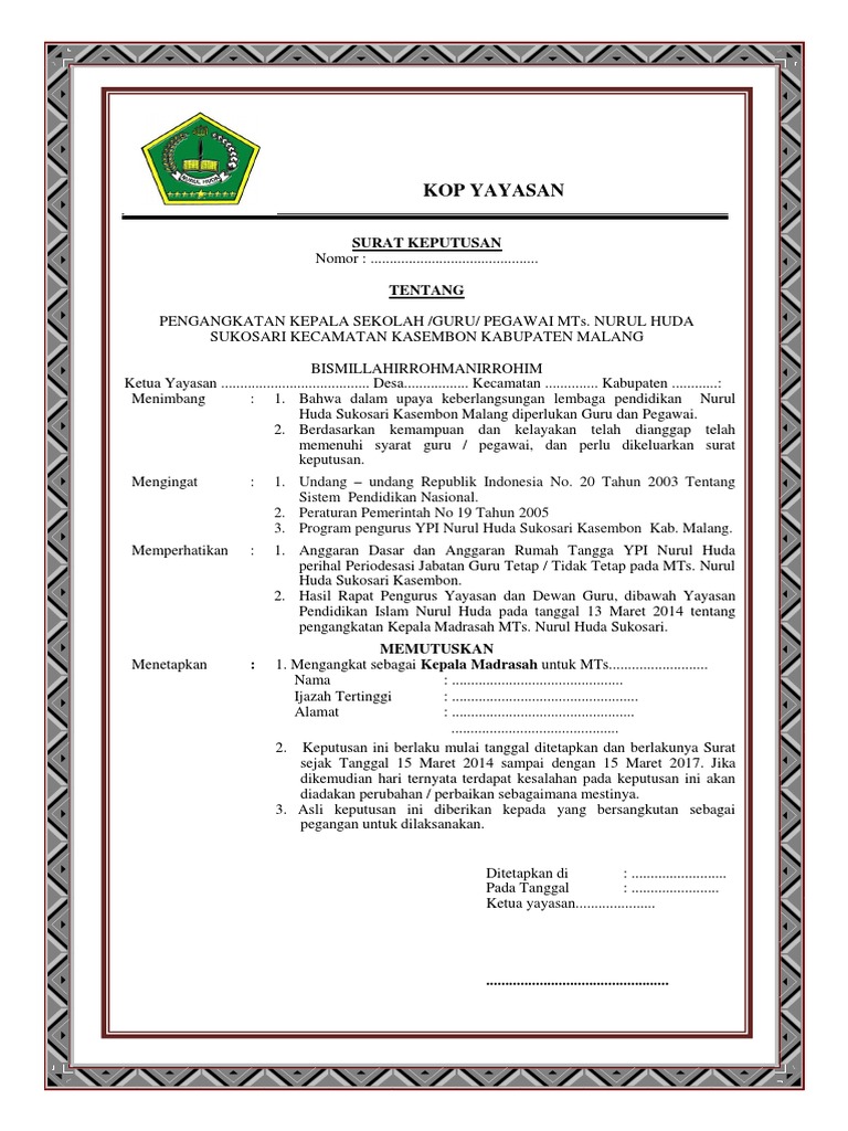 Contoh Sk Kepala Madrasah Docx