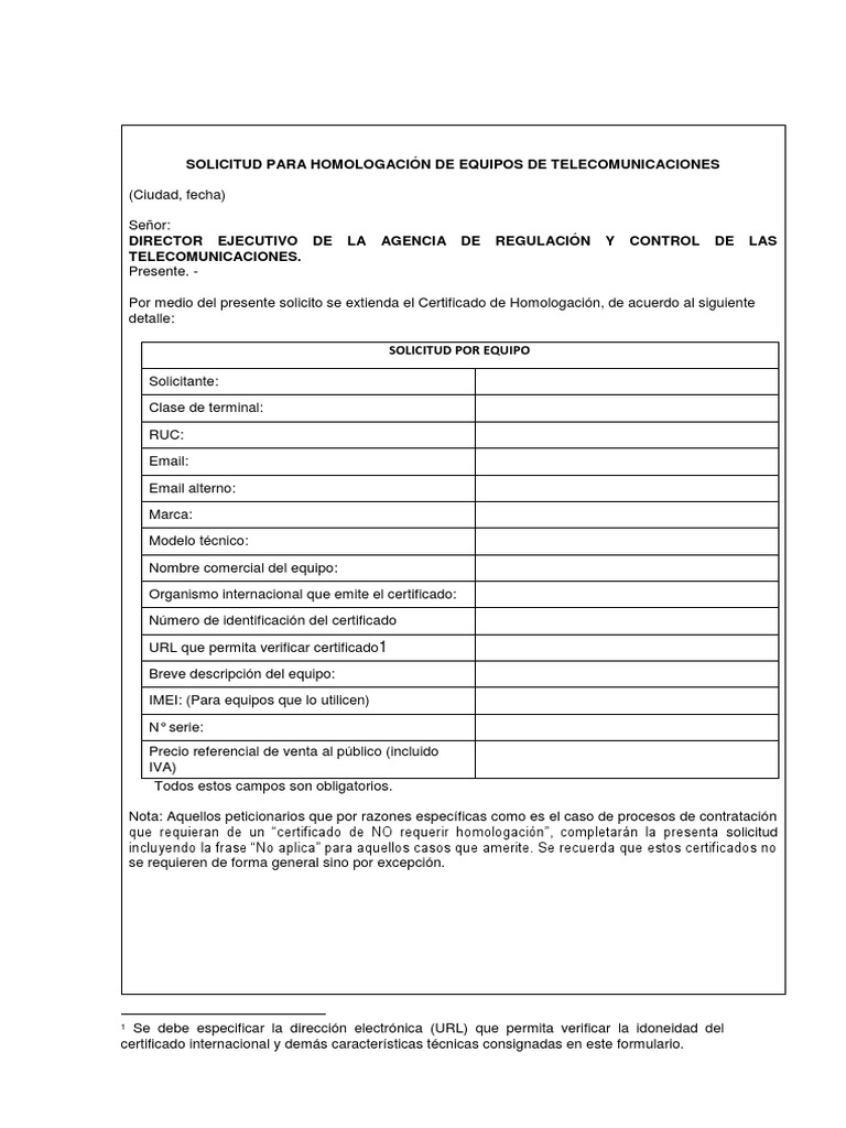 Solicitud Para Homologacion de Equipos