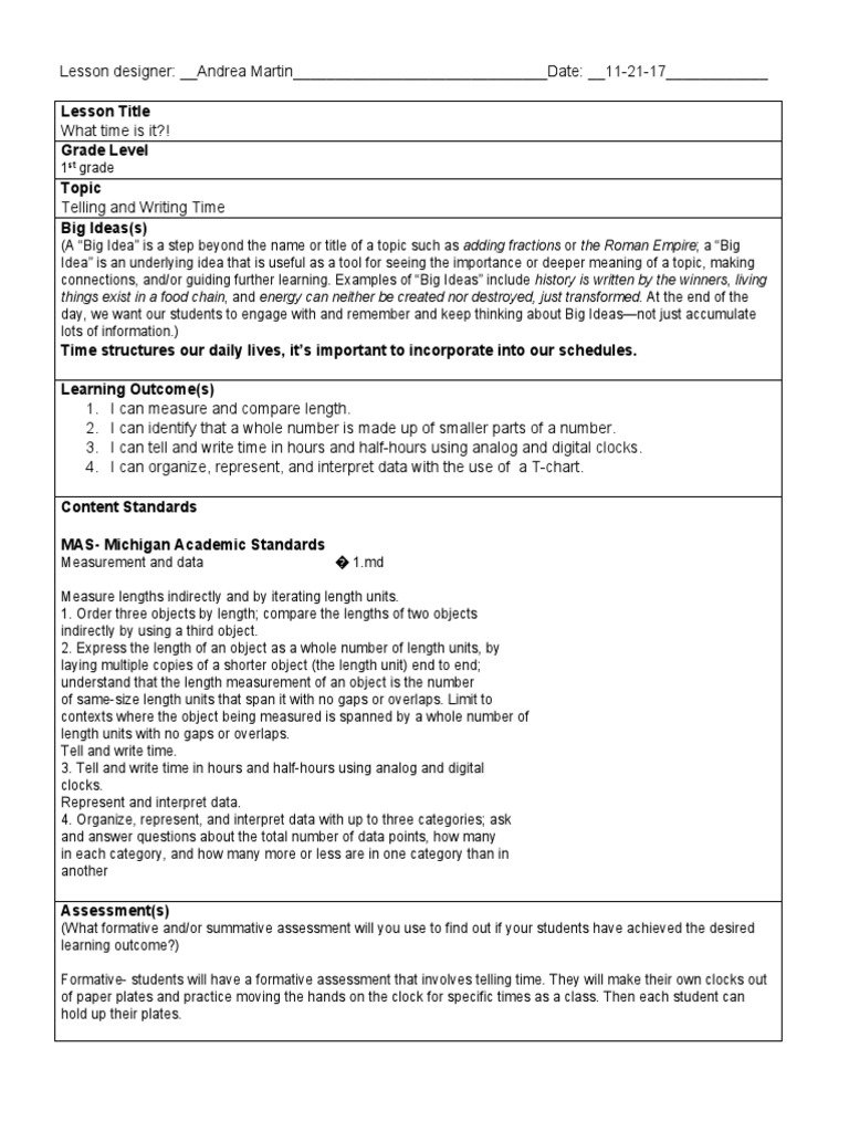 Telling Time Lesson Plan for 1st Grade | PDF | Pedagogy | Education Theory