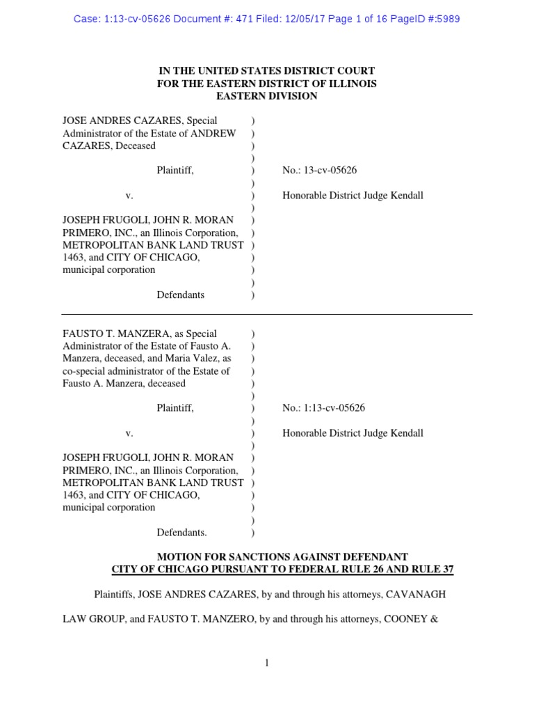 Plaintiff's Motions For Sanctions Against City in Joseph Frugoli Case