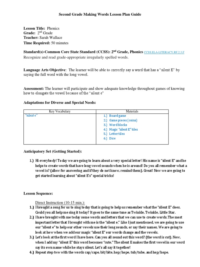 Silent E Phonics Lesson Plan for 2nd Grade | PDF | Phonics | Lesson Plan