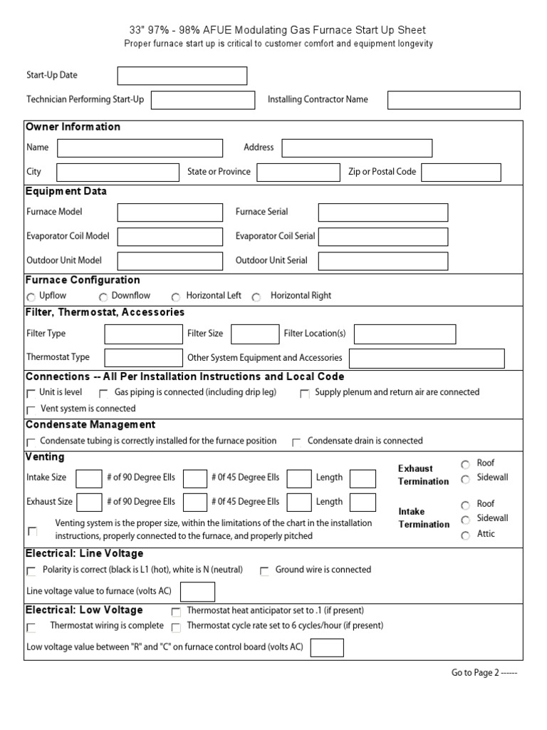 TP9C Modulating Furnace Start Up Sheet Furnace Thermostat