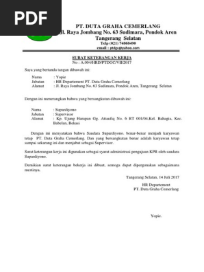 Contoh Surat Keterangan Kerja Untuk Kpr