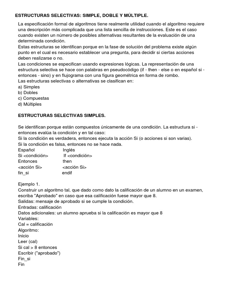 Estructuras Selectivas en Algoritmos | PDF | Algoritmos | Prueba ...