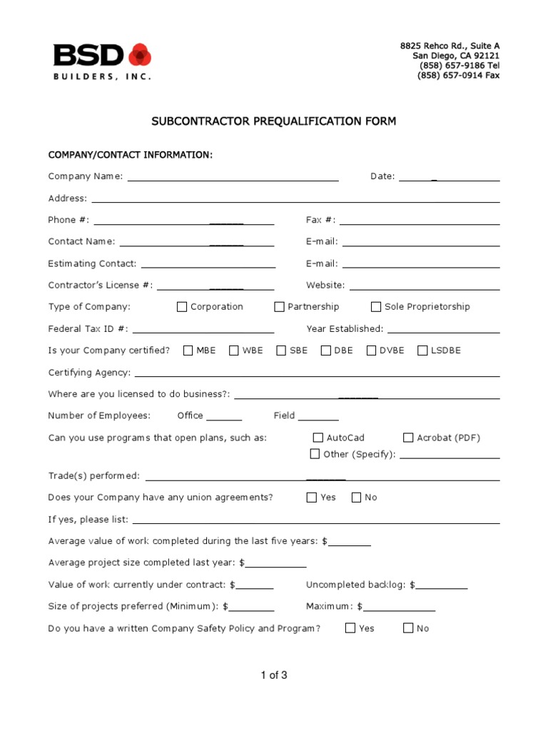 Subcontractor Prequalification Form | PDF | Subrogation | Insurance