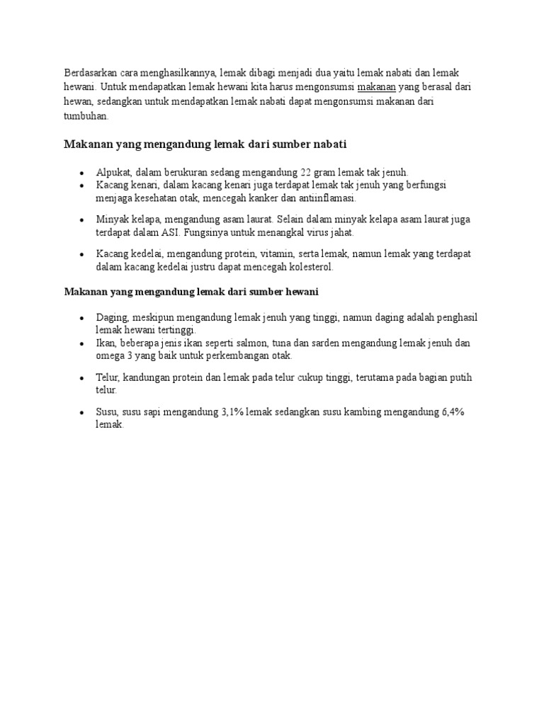 Contoh Makanan Yang Mengandung Lemak | PDF