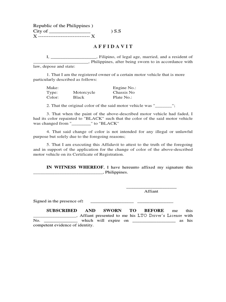 Affidavit of Change of Color Motorcycle  PDF  Affidavit  Legal Procedure
