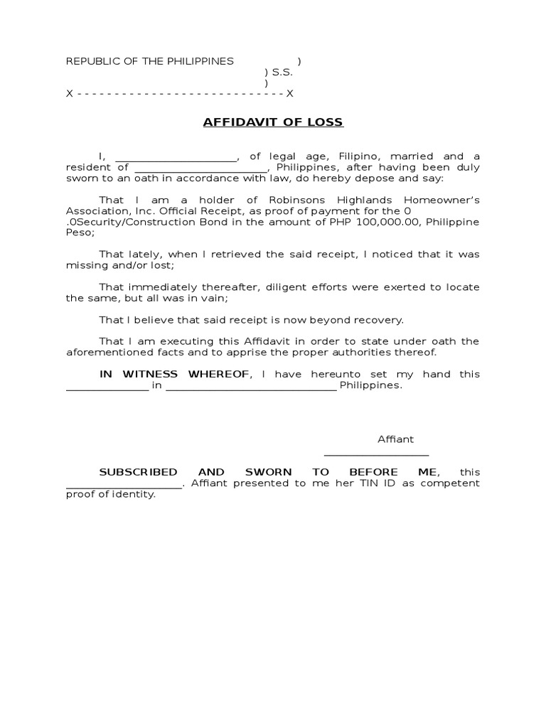 Affidavit of Loss for Receipt Philippines | PDF