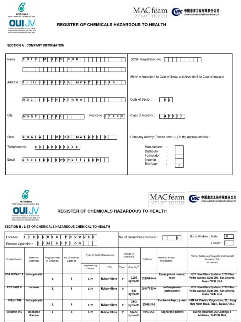 DOSH Chemical Register for Macfeam Sdn Bhd | PDF | Chemistry | Materials