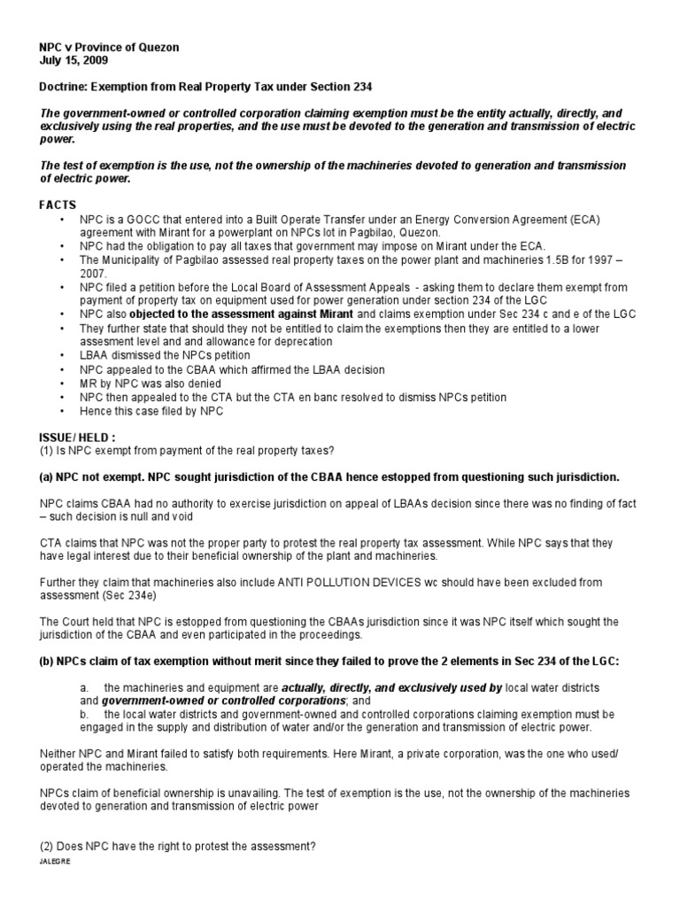 NPC V Province of Quezon TAX 2 GR 171586 Exemption From Real