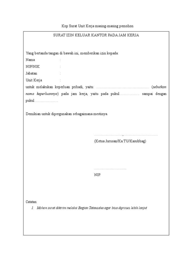 Surat Izin Keluar Kantor Pada Jam Kerja