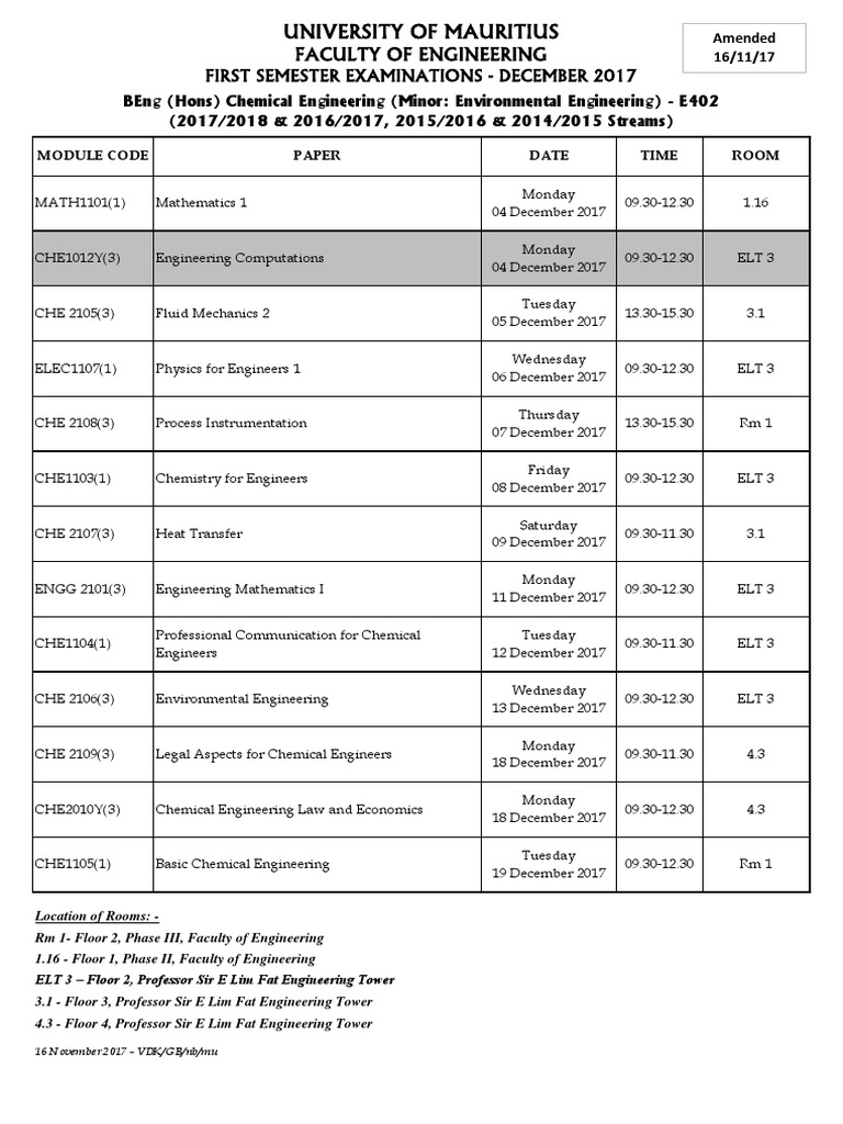 December 2017 Engineering Exam Schedule | PDF | Engineering | Science
