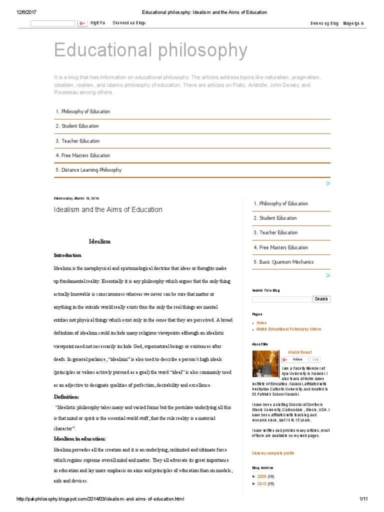 Educational Philosophy Idealism and The Aims of Education PDF
