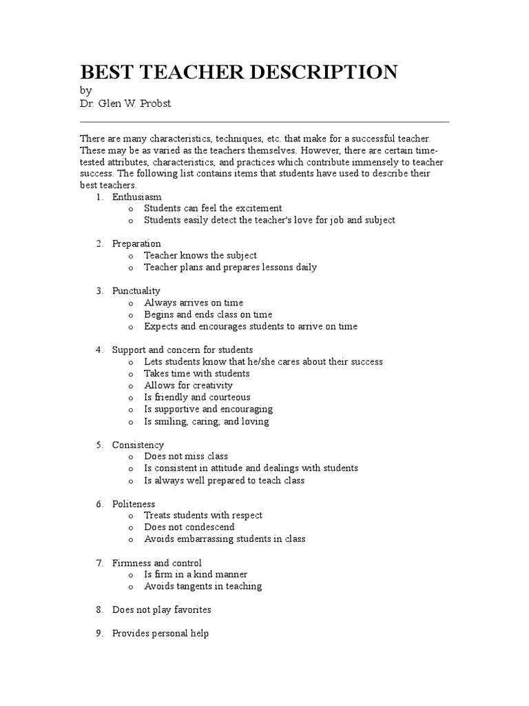 Best Teacher Description PDF Understanding Teachers