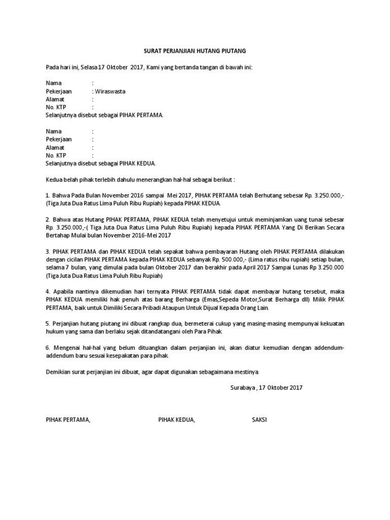Surat Perjanjian Hutang Piutang Eko