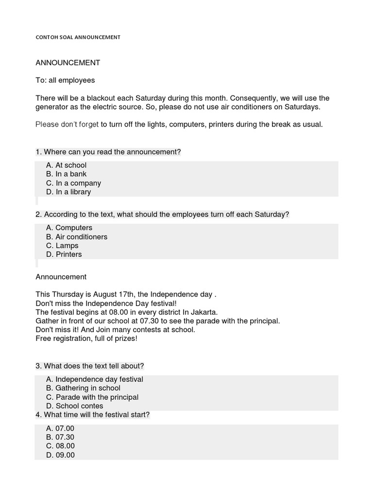 Contoh Announcement Text Beserta Soal Dan Jawabannya