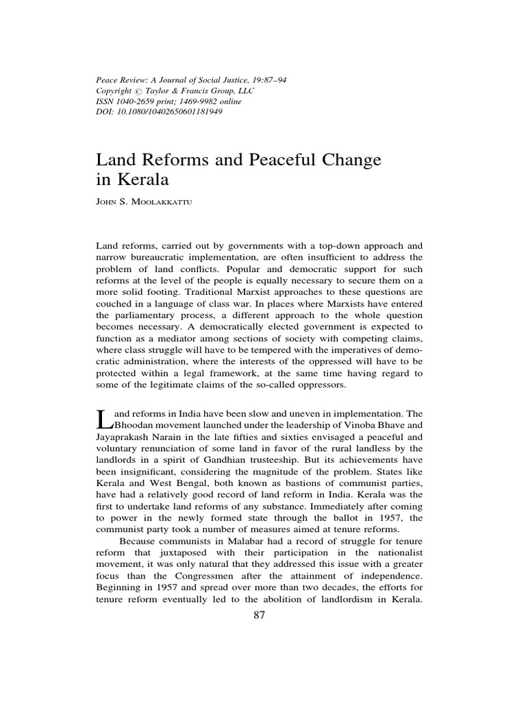 Land Reforms and Peaceful Change in Kerala PDF Kerala Land Reform