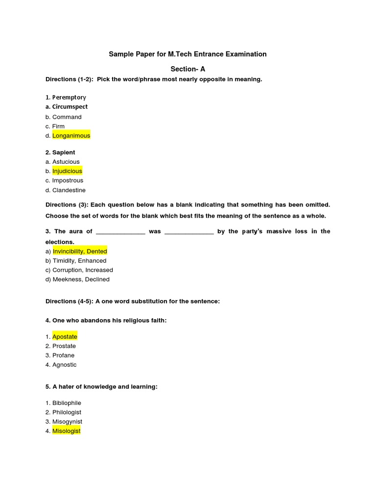 Sample Paper For M.Tech Entrance Examination Section-A: 1. Peremptory ...