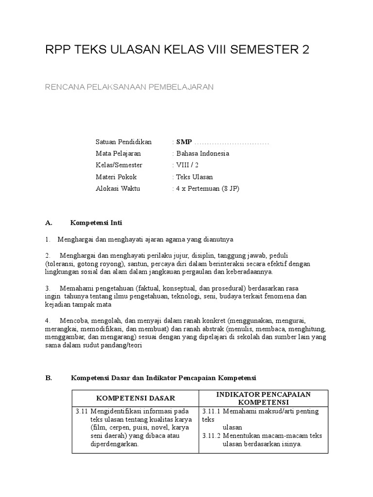 Rpp Teks Ulasan Kelas Viii Semester 2