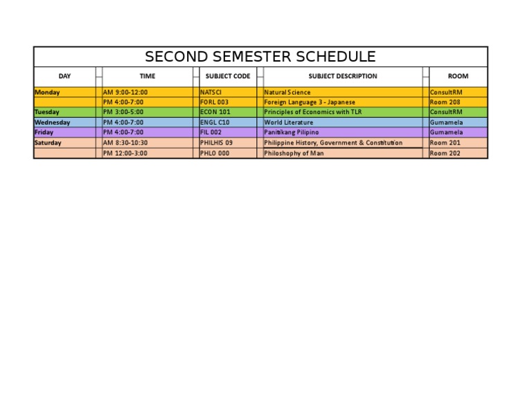 Second Semester Class Schedule | PDF