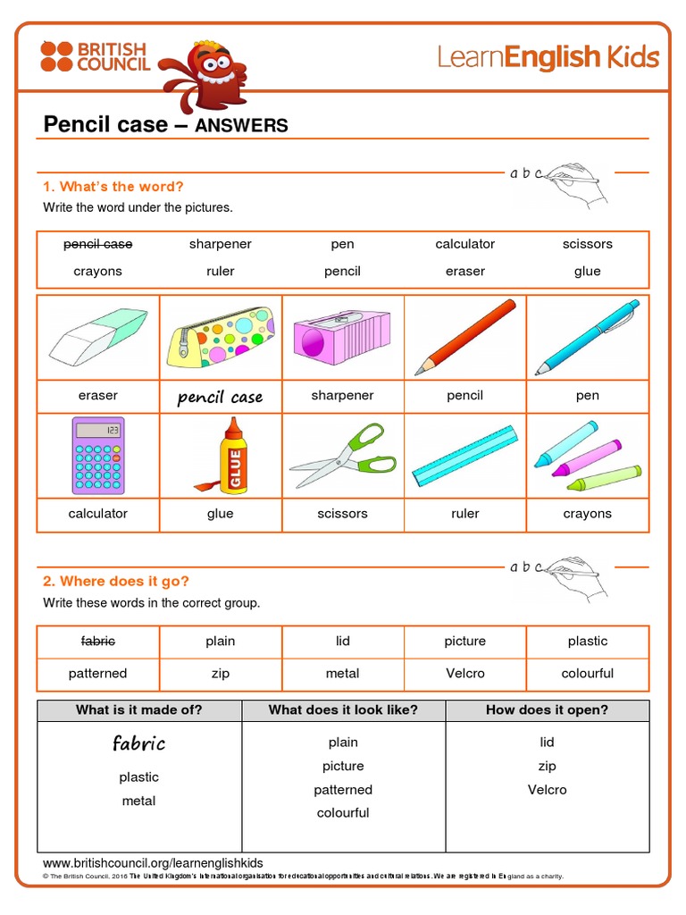 Worksheets Pencil Case Answers v2 PDF Writing Implements Stationery